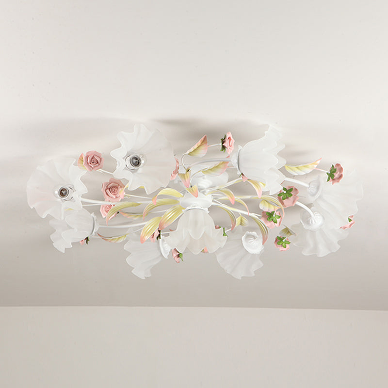 Pastoral Ruffle Ceiling Flush Lamp - 4/7/9 Frosted White Glass Heads - Semi Flush Mount for Dining Room