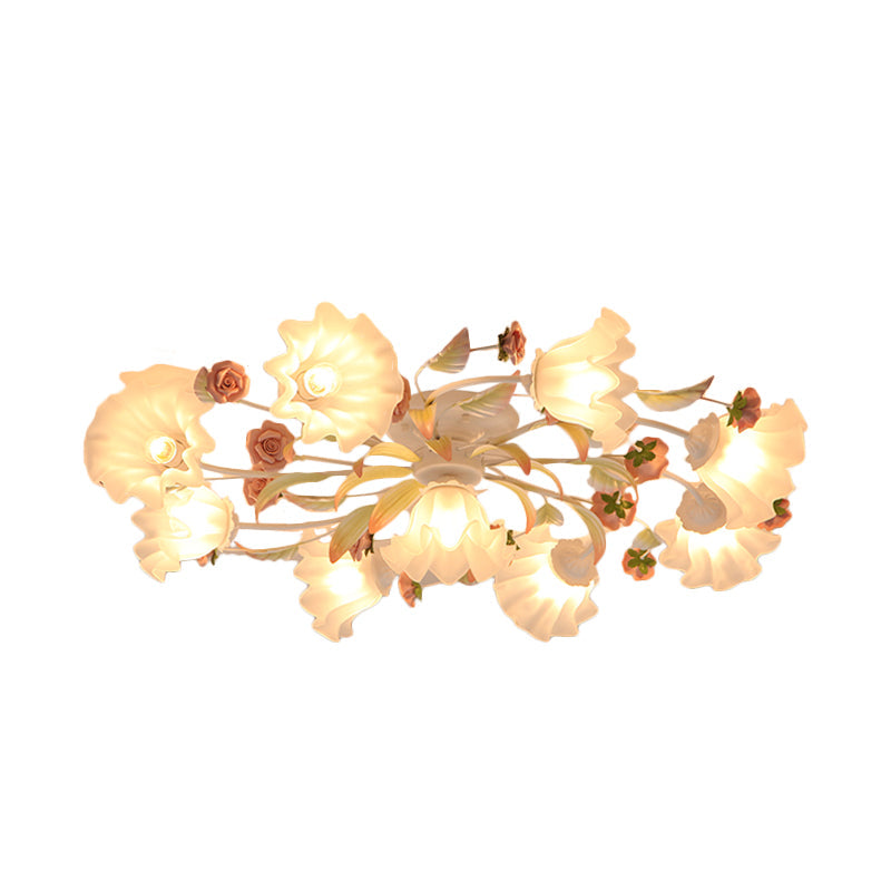 Pastoral Ruffle Ceiling Flush Lamp - 4/7/9 Frosted White Glass Heads Semi Mount For Dining Room