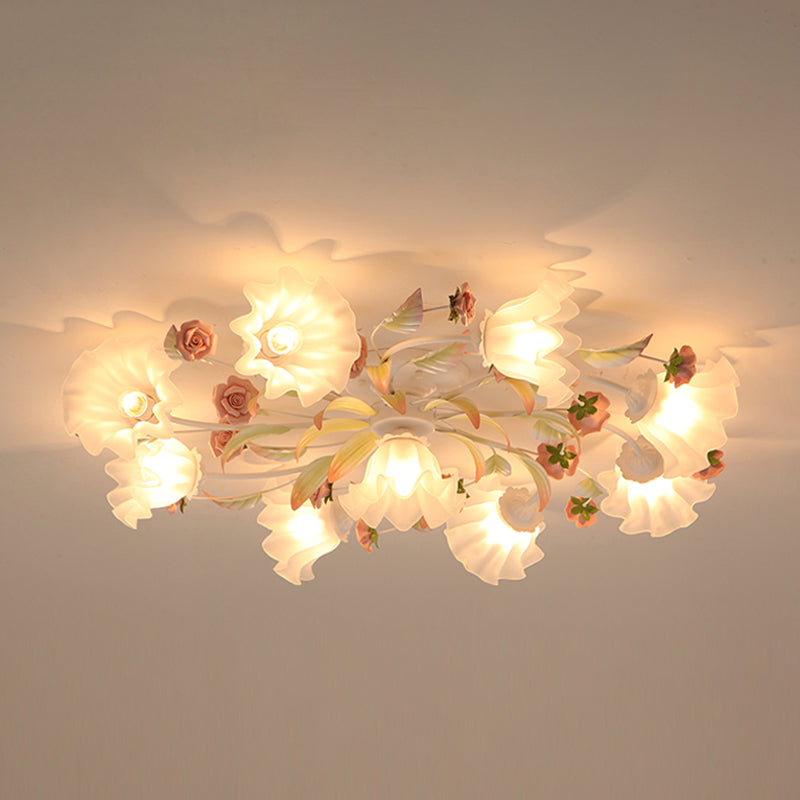 Pastoral Ruffle Ceiling Flush Lamp - 4/7/9 Frosted White Glass Heads - Semi Flush Mount for Dining Room