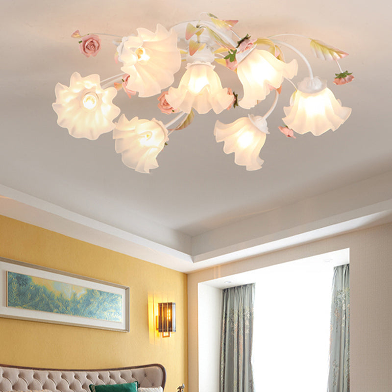 Pastoral Ruffle Ceiling Flush Lamp - 4/7/9 Frosted White Glass Heads - Semi Flush Mount for Dining Room
