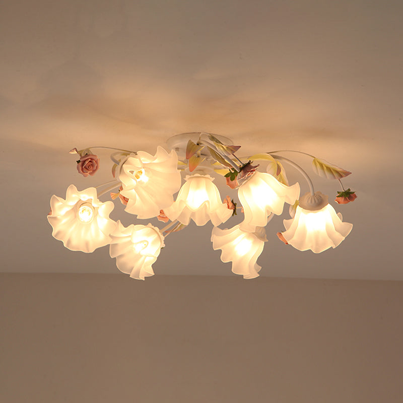 Pastoral Ruffle Ceiling Flush Lamp - 4/7/9 Frosted White Glass Heads Semi Mount For Dining Room