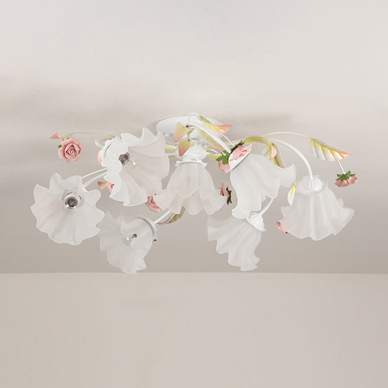 Pastoral Ruffle Ceiling Flush Lamp - 4/7/9 Frosted White Glass Heads Semi Mount For Dining Room