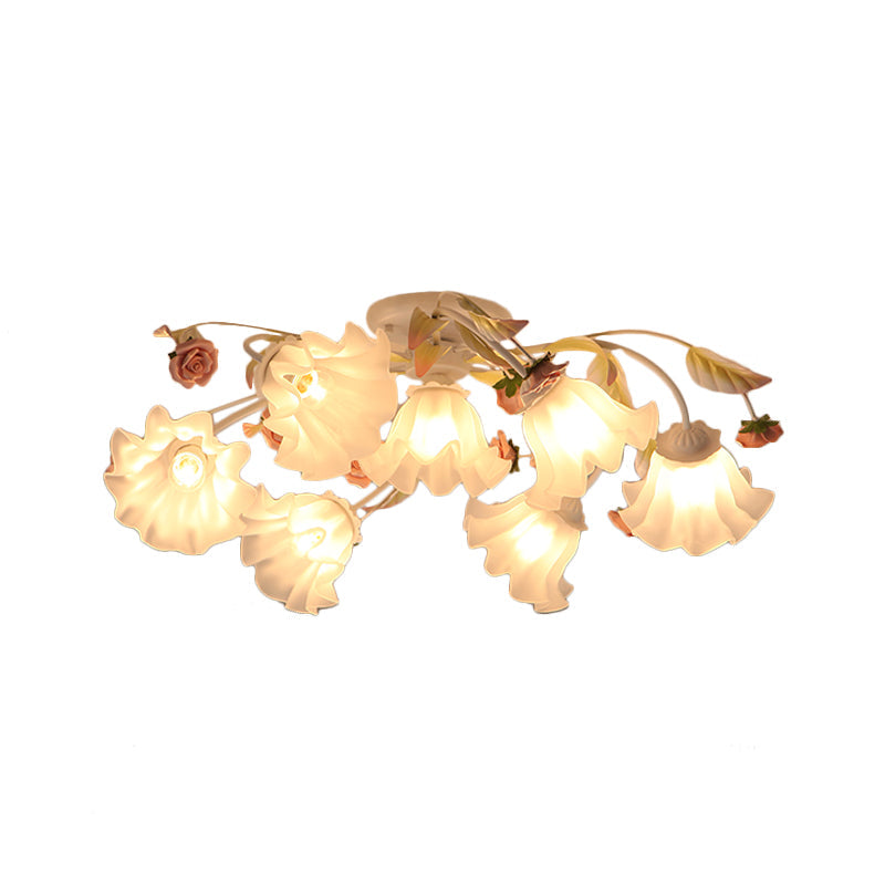 Pastoral Ruffle Ceiling Flush Lamp - 4/7/9 Frosted White Glass Heads Semi Mount For Dining Room
