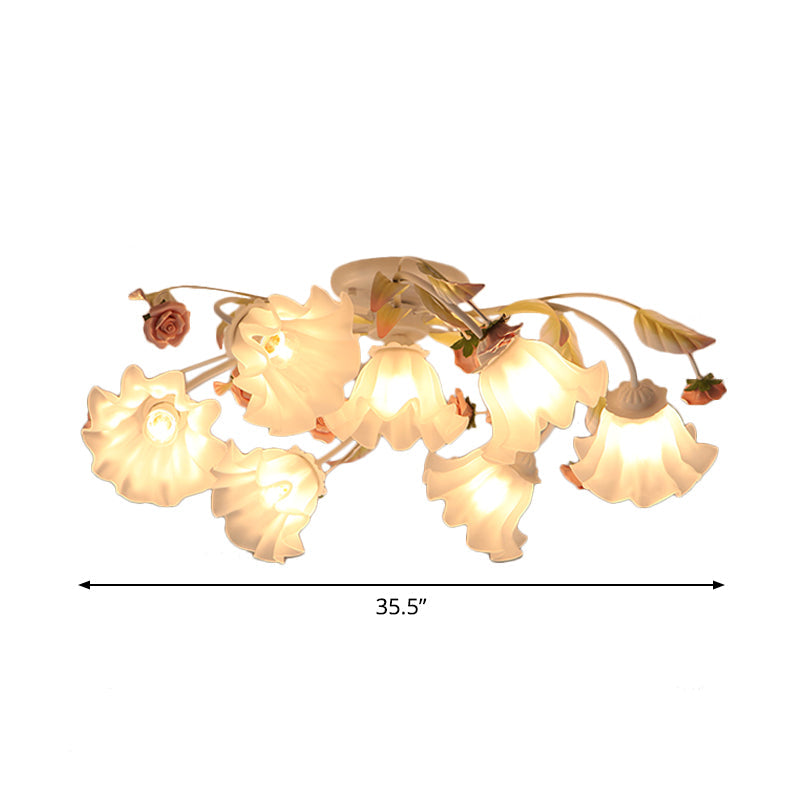 Pastoral Ruffle Ceiling Flush Lamp - 4/7/9 Frosted White Glass Heads - Semi Flush Mount for Dining Room