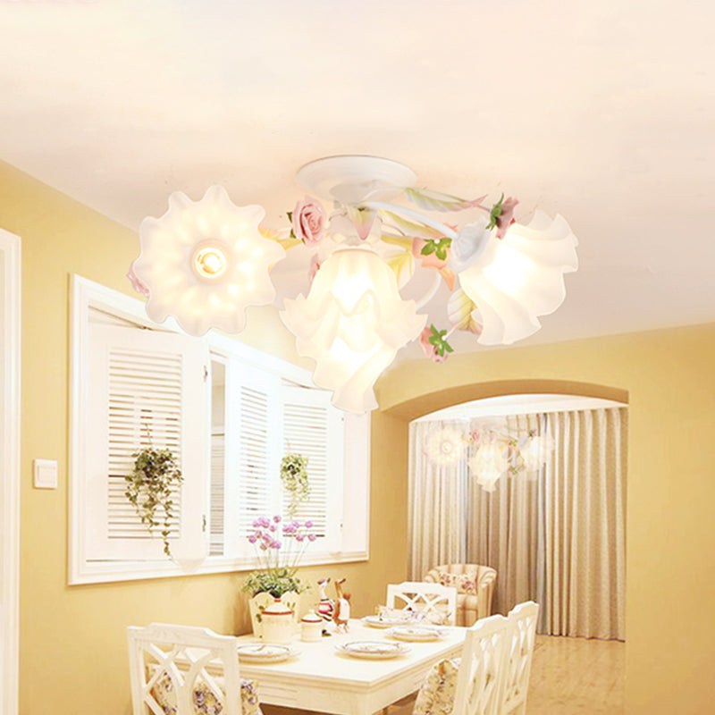 Pastoral Ruffle Ceiling Flush Lamp - 4/7/9 Frosted White Glass Heads - Semi Flush Mount for Dining Room