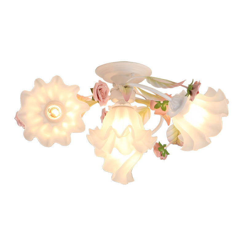Pastoral Ruffle Ceiling Flush Lamp - 4/7/9 Frosted White Glass Heads - Semi Flush Mount for Dining Room