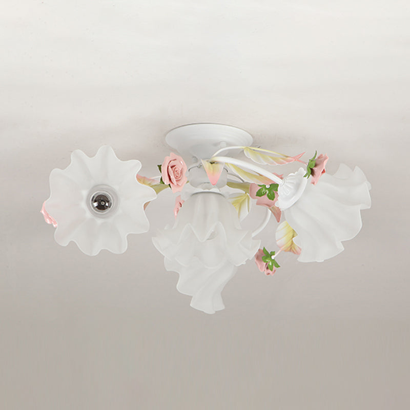 Pastoral Ruffle Ceiling Flush Lamp - 4/7/9 Frosted White Glass Heads - Semi Flush Mount for Dining Room