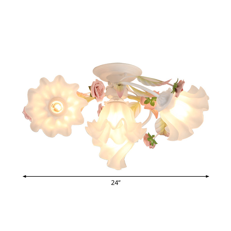 Pastoral Ruffle Ceiling Flush Lamp - 4/7/9 Frosted White Glass Heads Semi Mount For Dining Room