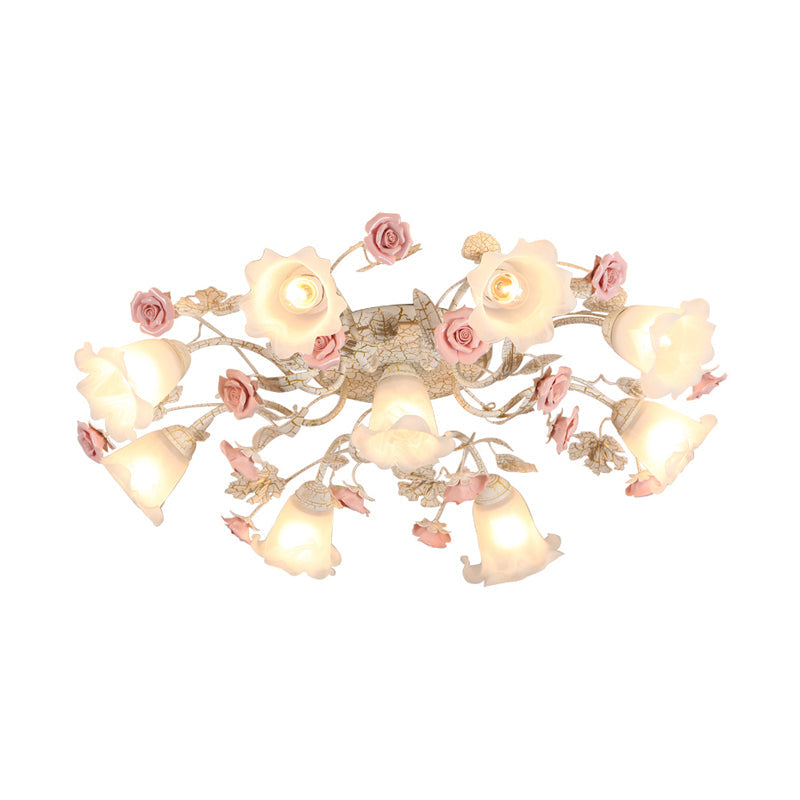 Semi Flush Mount Korean Garden Ceiling Light with Floral Frosted Glass Shade - 4/6/7 Heads