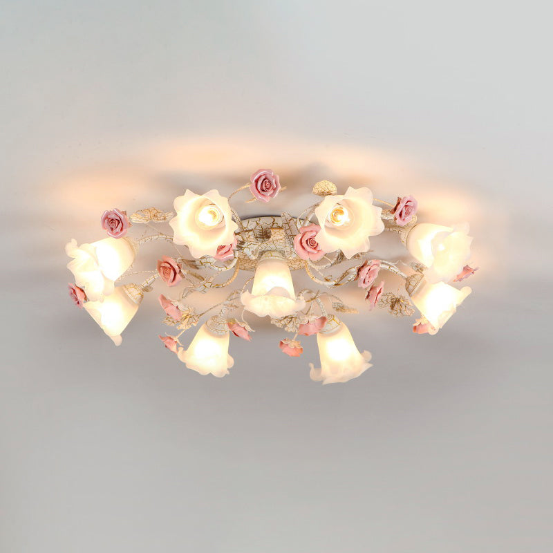 Semi Flush Mount Korean Garden Ceiling Light with Floral Frosted Glass Shade - 4/6/7 Heads