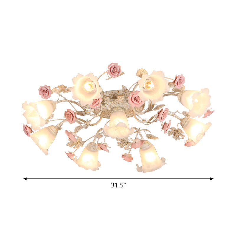 Semi Flush Mount Korean Garden Ceiling Light With Floral Frosted Glass Shade - 4/6/7 Heads