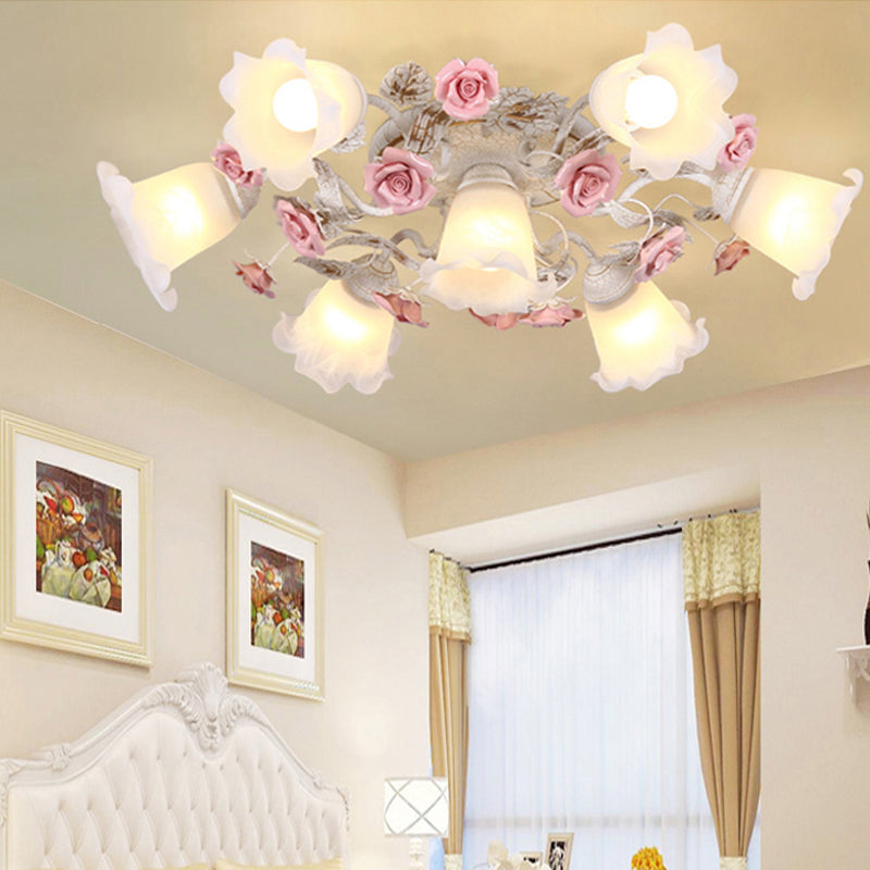 Semi Flush Mount Korean Garden Ceiling Light with Floral Frosted Glass Shade - 4/6/7 Heads