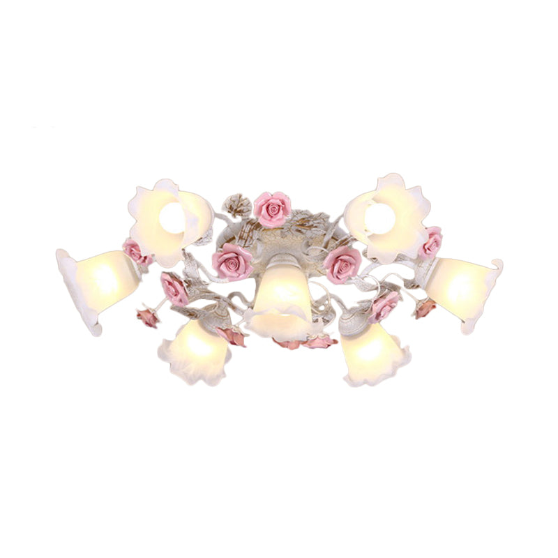 Semi Flush Mount Korean Garden Ceiling Light With Floral Frosted Glass Shade - 4/6/7 Heads