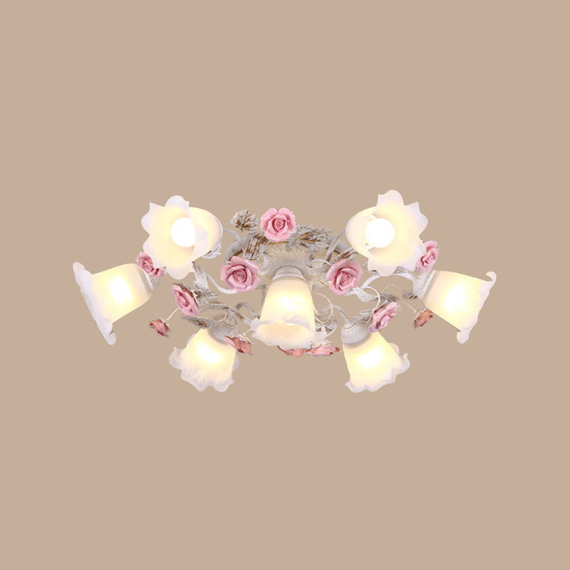 Semi Flush Mount Korean Garden Ceiling Light with Floral Frosted Glass Shade - 4/6/7 Heads