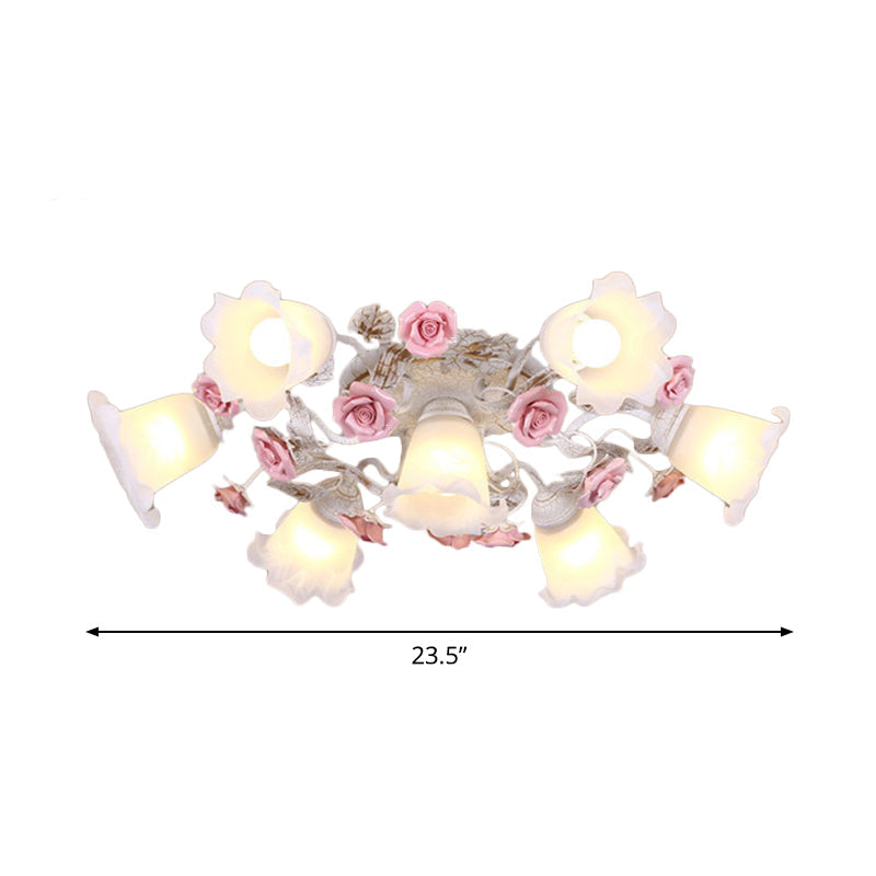 Semi Flush Mount Korean Garden Ceiling Light with Floral Frosted Glass Shade - 4/6/7 Heads