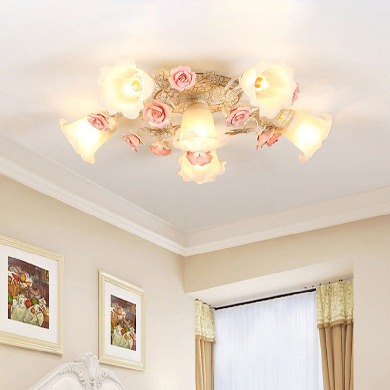 Semi Flush Mount Korean Garden Ceiling Light with Floral Frosted Glass Shade - 4/6/7 Heads