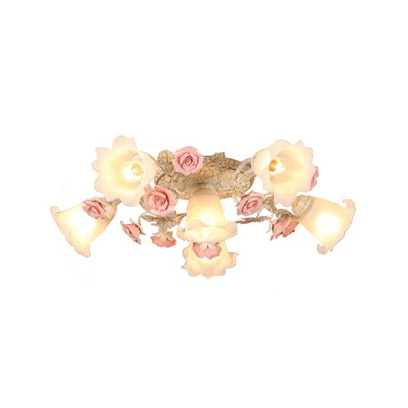 Semi Flush Mount Korean Garden Ceiling Light With Floral Frosted Glass Shade - 4/6/7 Heads