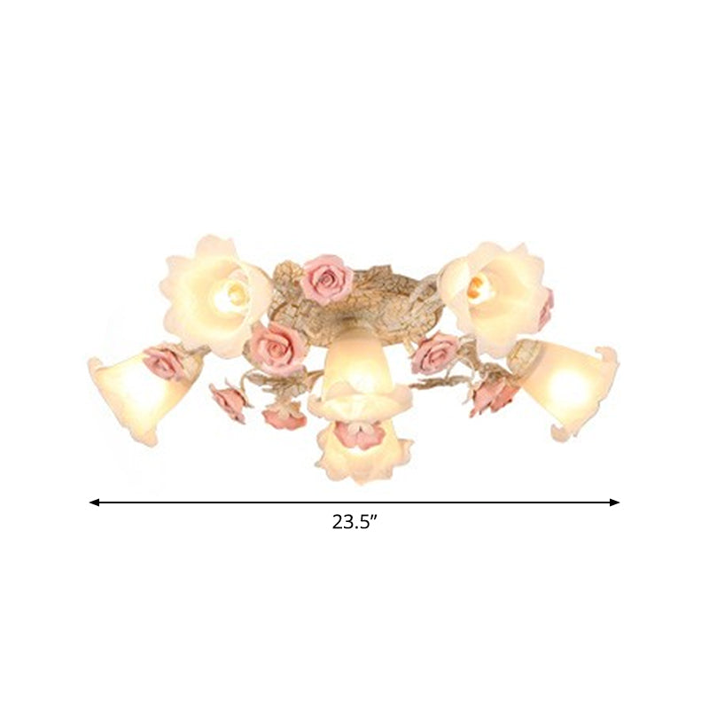 Semi Flush Mount Korean Garden Ceiling Light With Floral Frosted Glass Shade - 4/6/7 Heads