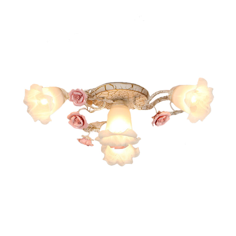 Semi Flush Mount Korean Garden Ceiling Light With Floral Frosted Glass Shade - 4/6/7 Heads