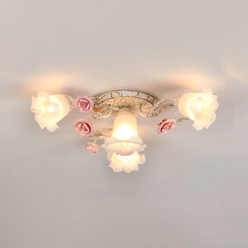 Semi Flush Mount Korean Garden Ceiling Light With Floral Frosted Glass Shade - 4/6/7 Heads