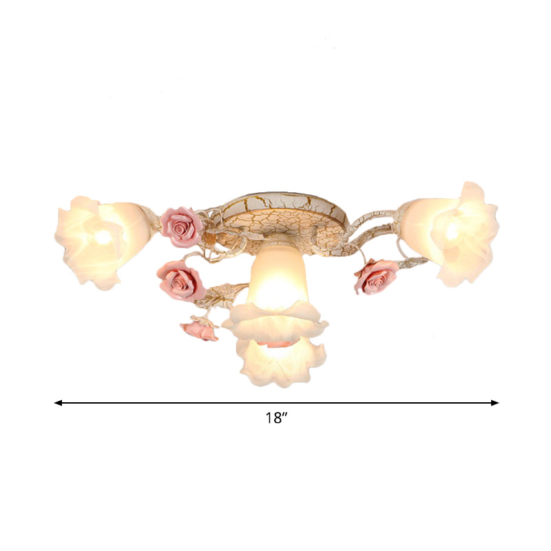 Semi Flush Mount Korean Garden Ceiling Light with Floral Frosted Glass Shade - 4/6/7 Heads