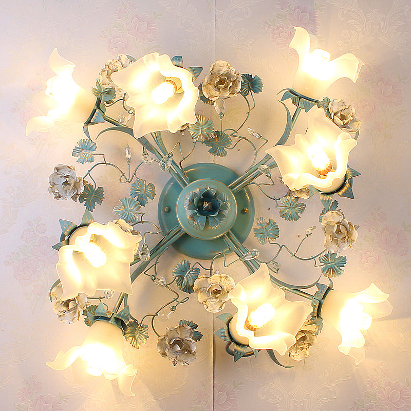 Pastoral Style Blue Semi Flush Ceiling Light With Frost White Glass - Perfect For Bedroom Lighting