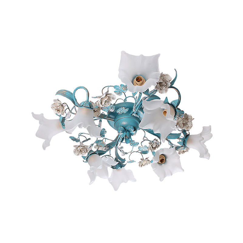 Pastoral Style Blue Semi Flush Ceiling Light With Frost White Glass - Perfect For Bedroom Lighting