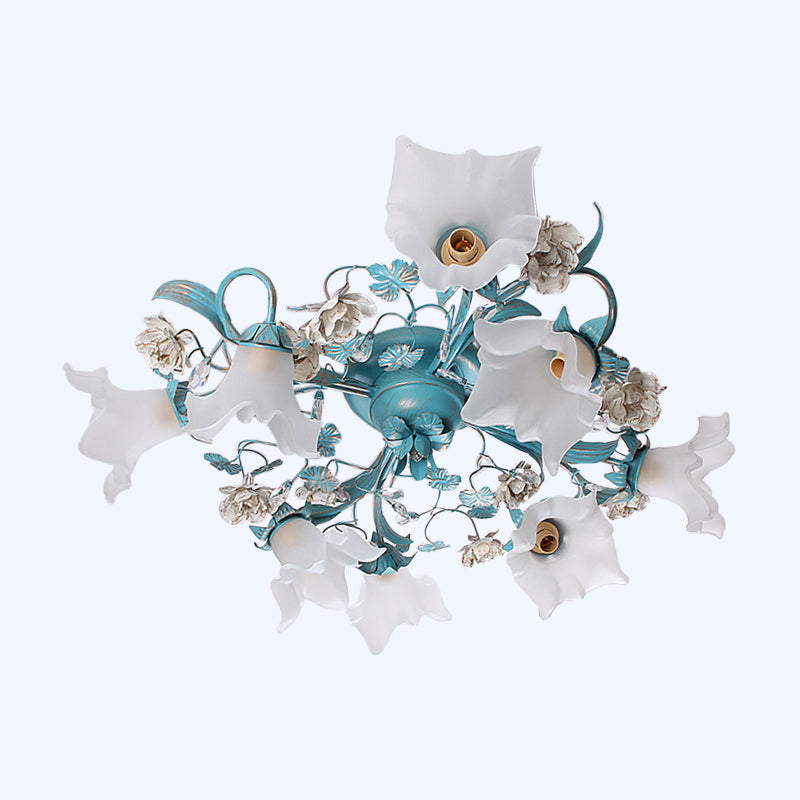 Pastoral Style Blue Semi Flush Ceiling Light With Frost White Glass - Perfect For Bedroom Lighting