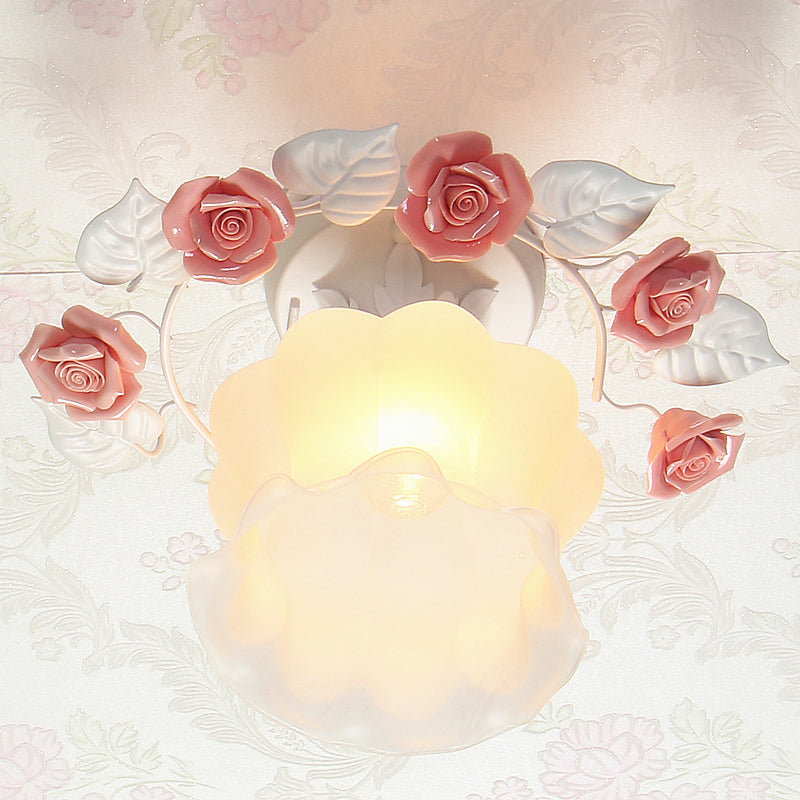 Pastoral Style Ruffle Frosted Glass Semi Flush Mount Ceiling Light - 1-Light Dining Room Lighting In