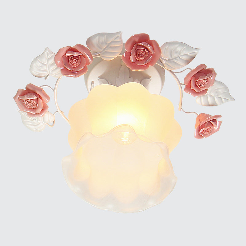 Pastoral Style Ruffle Frosted Glass Semi Flush Mount Ceiling Light - 1-Light Dining Room Lighting In