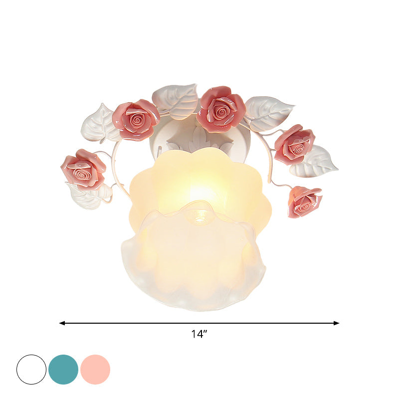 Plafonnier semi-encastré en verre à volants de style pastoral en rose/blanc/bleu - Parfait pour le plafond de la salle à manger