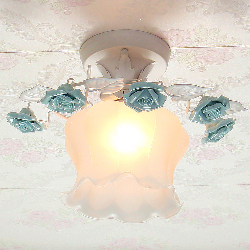 Pastoral Style Ruffle Frosted Glass Semi Flush Mount Ceiling Light - 1-Light Dining Room Lighting In