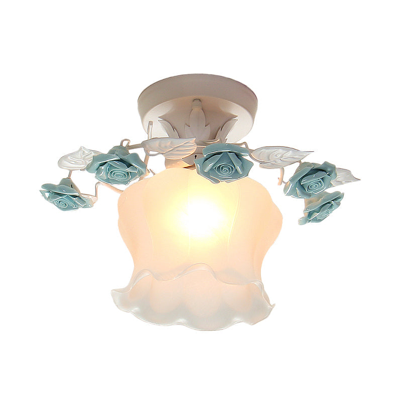 Pastoral Style Ruffle Frosted Glass Semi Flush Mount Ceiling Light - 1-Light Dining Room Lighting In