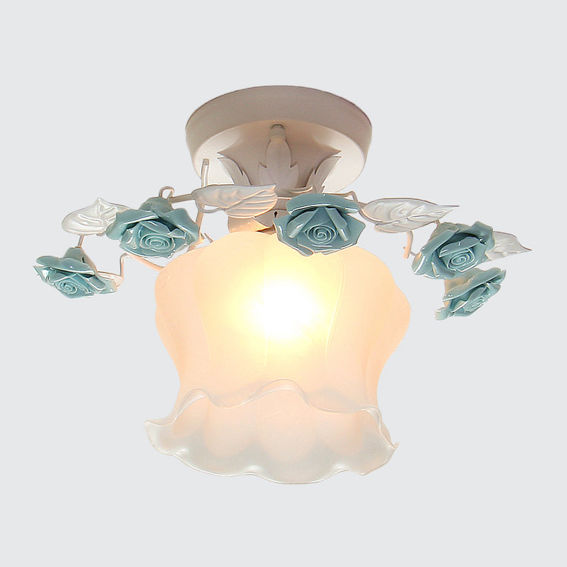 Pastoral Style Ruffle Frosted Glass Semi Flush Mount Ceiling Light - 1-Light Dining Room Lighting In