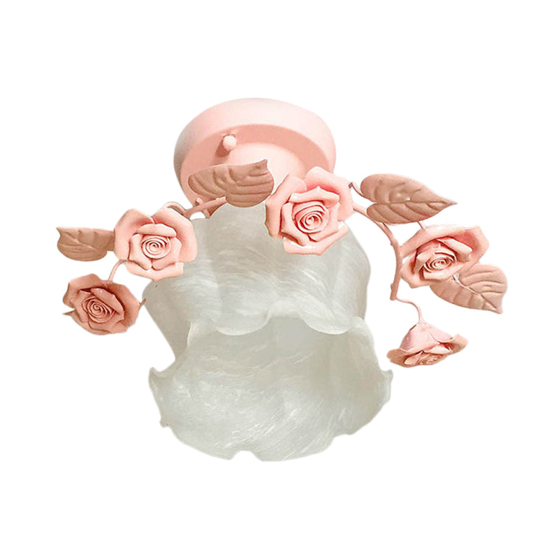Pastoral Style Ruffle Frosted Glass Semi Flush Mount Ceiling Light - 1-Light Dining Room Lighting In