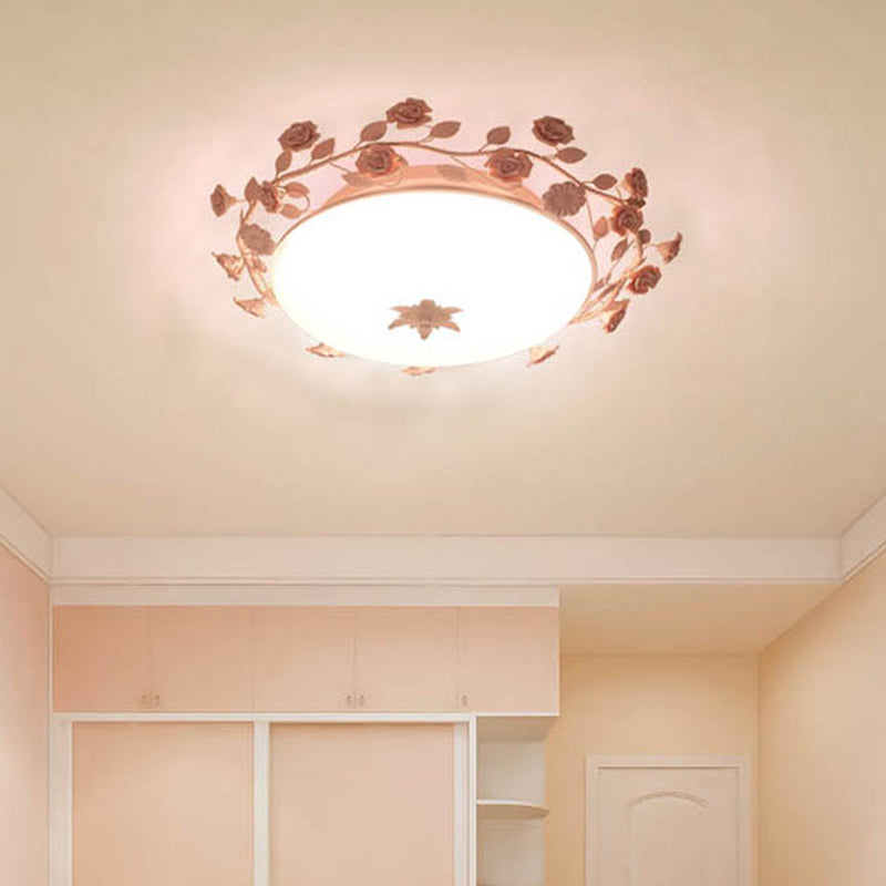 Pastoral Dome Flush Ceiling Light - Frosted White Glass Flush Mount Lamp with Pink Flower Deco