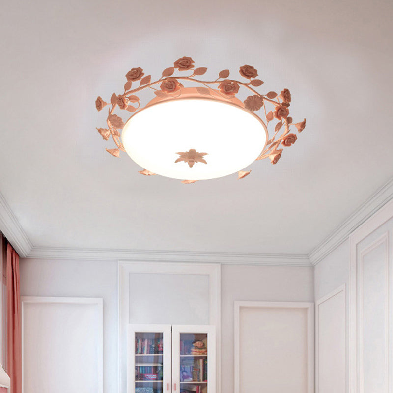 Pastoral Dome Flush Ceiling Light - Frosted White Glass Mount Lamp With Pink Flower Deco