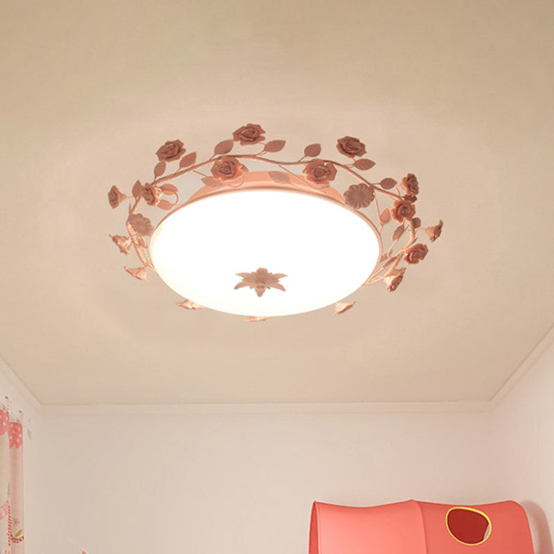 Pastoral Dome Flush Ceiling Light - Frosted White Glass Flush Mount Lamp with Pink Flower Deco