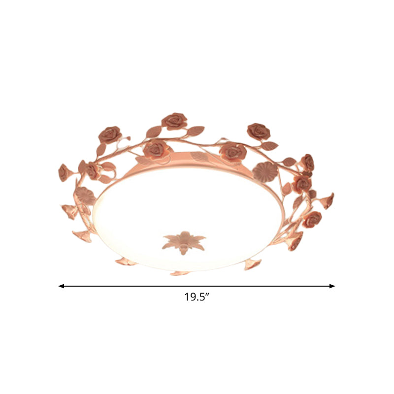 Pastoral Dome Flush Ceiling Light - Frosted White Glass Flush Mount Lamp with Pink Flower Deco