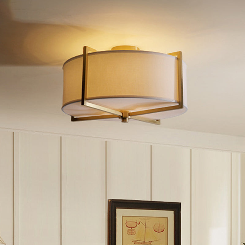 Plafonnier encastré en tissu blanc rustique avec support en X - 5 lumières, design rond/carré, finition laiton
