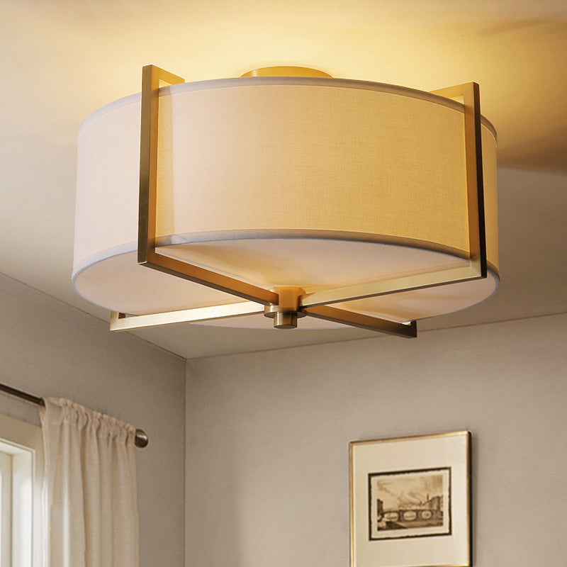 Plafonnier encastré en tissu blanc rustique avec support en X - 5 lumières, design rond/carré, finition laiton