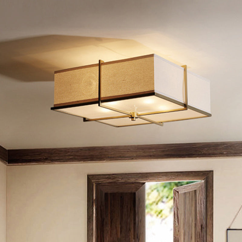 Plafonnier encastré en tissu blanc rustique avec support en X - 5 lumières, design rond/carré, finition laiton