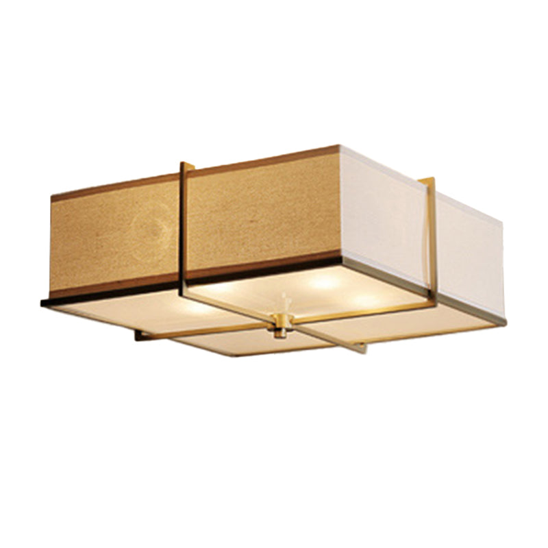 Plafonnier encastré en tissu blanc rustique avec support en X - 5 lumières, design rond/carré, finition laiton