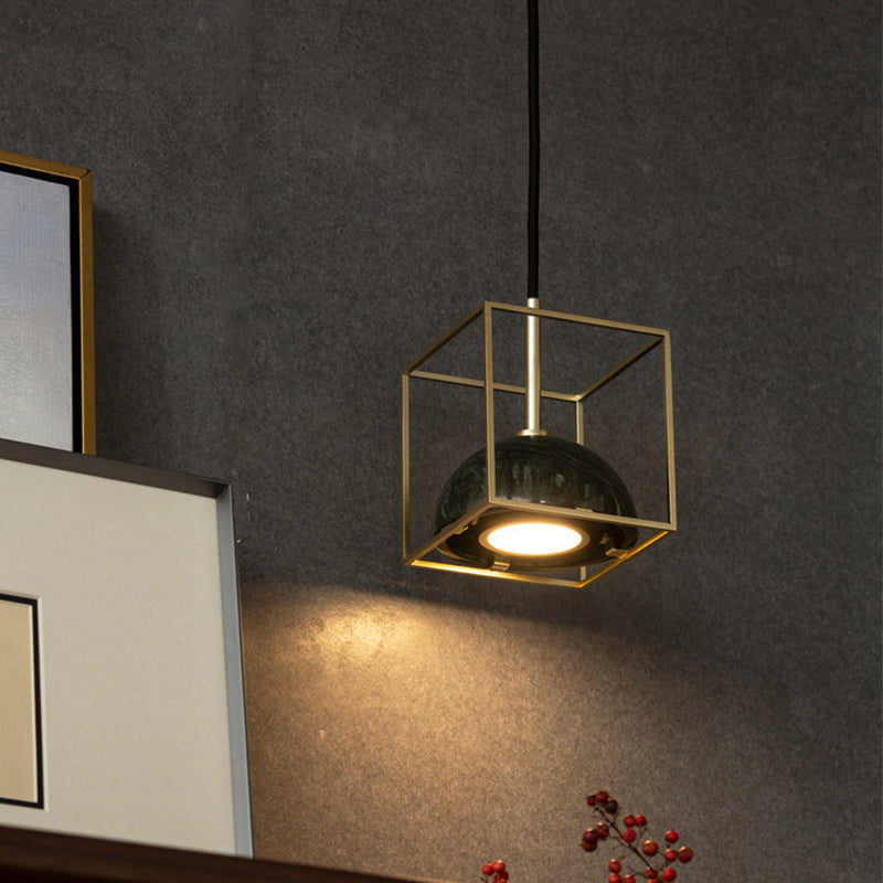 Marble Ceiling Pendant: Nordic Black/White/Green Dome Bedside Down Lighting with Brass Square Frame