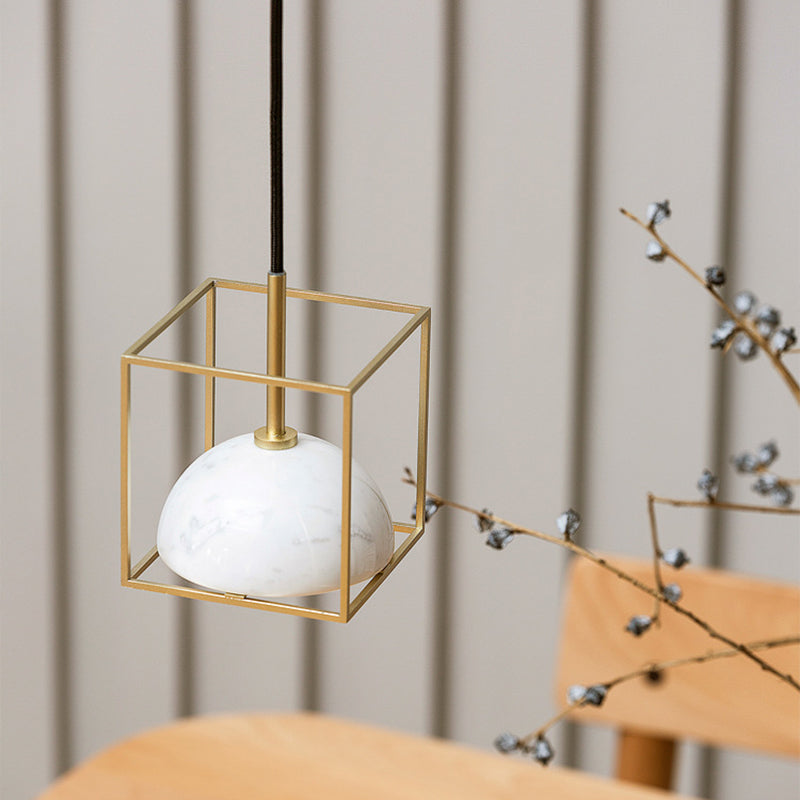 Marble Ceiling Pendant: Nordic Black/White/Green Dome Bedside Down Lighting with Brass Square Frame