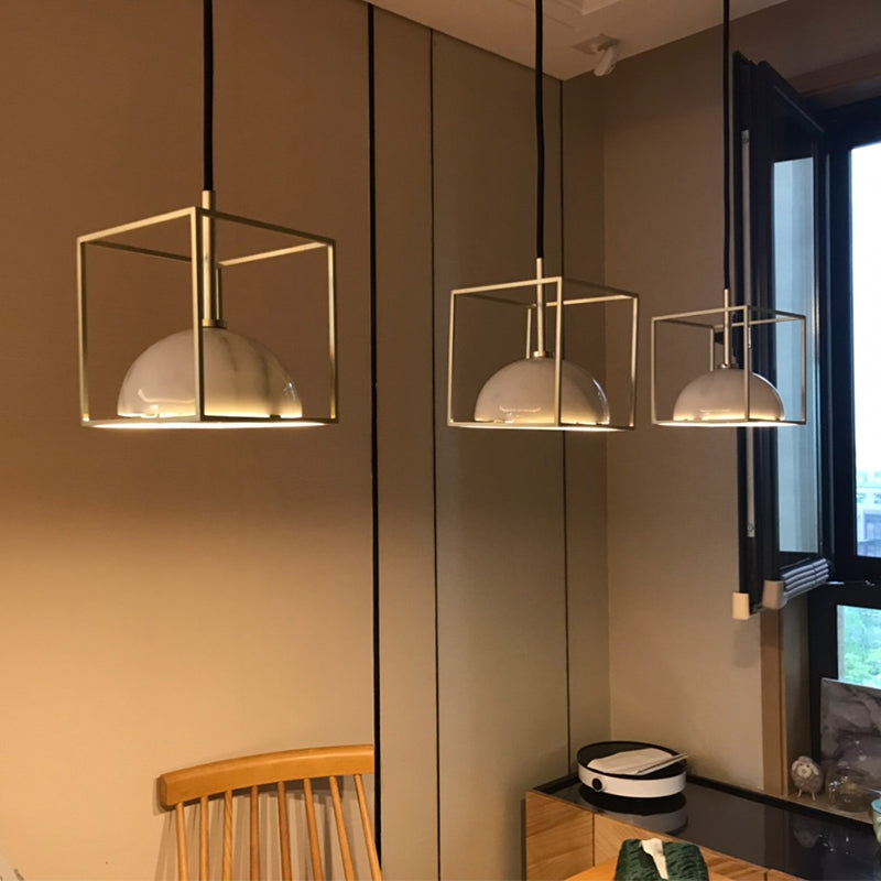 Marble Ceiling Pendant: Nordic Black/White/Green Dome Bedside Down Lighting with Brass Square Frame