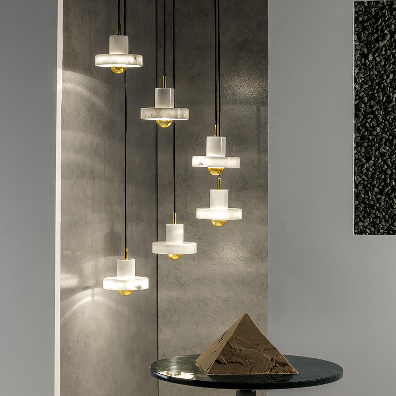 Minimalist Pot-Lid Pendant Marble Dining Room Light In White/Brass - 1-Bulb Suspension White