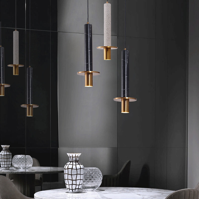 Sword Pendant Ceiling Light - Designer Marble Dining Room LED Hanging Lamp, Black/White/Beige & Brass
