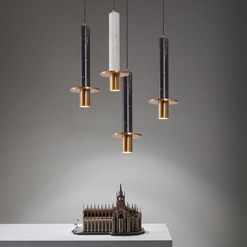 Sword Pendant Ceiling Light - Designer Marble Dining Room LED Hanging Lamp, Black/White/Beige & Brass
