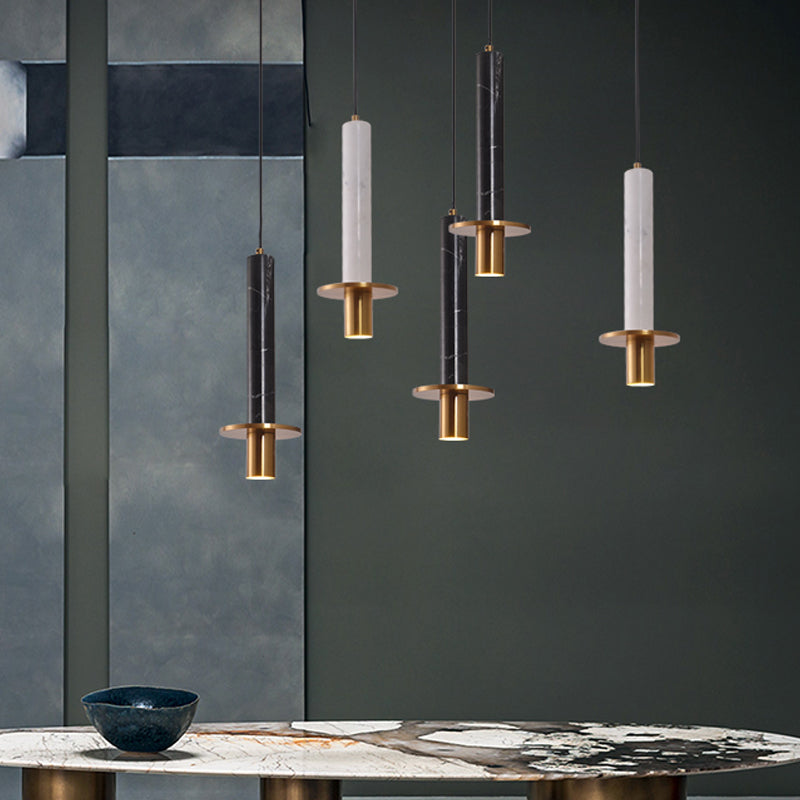 Sword Pendant Ceiling Light - Designer Marble Dining Room LED Hanging Lamp, Black/White/Beige & Brass